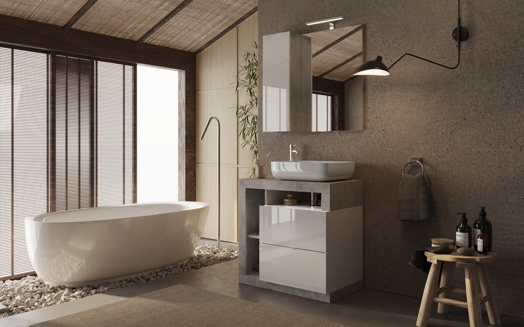 Mobile Bagno a Terra 2 Cassetti BARCELONA 79 cm Bianco Lucido / Cemento