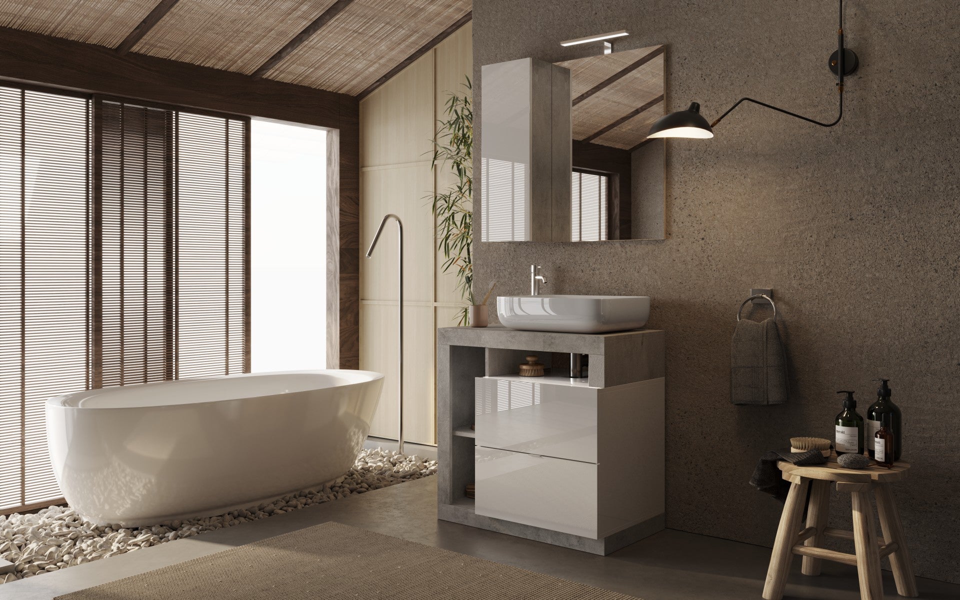Mobile Bagno a Terra 2 Cassetti BARCELONA 79 cm Bianco Lucido / Cemento