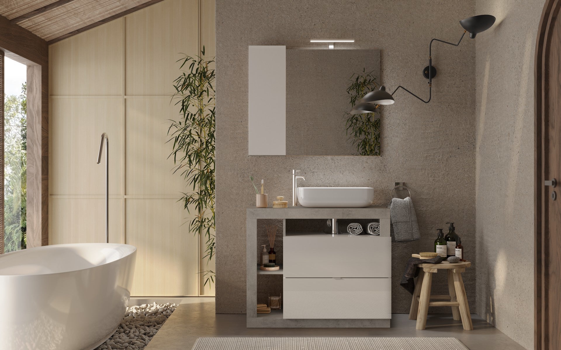 Mobile Bagno a Terra 2 Cassetti BARCELONA 92 cm Bianco Lucido / Cemento