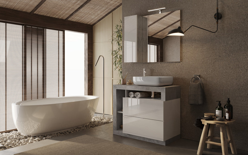 Mobile Bagno a Terra 2 Cassetti BARCELONA 92 cm Bianco Lucido / Cemento