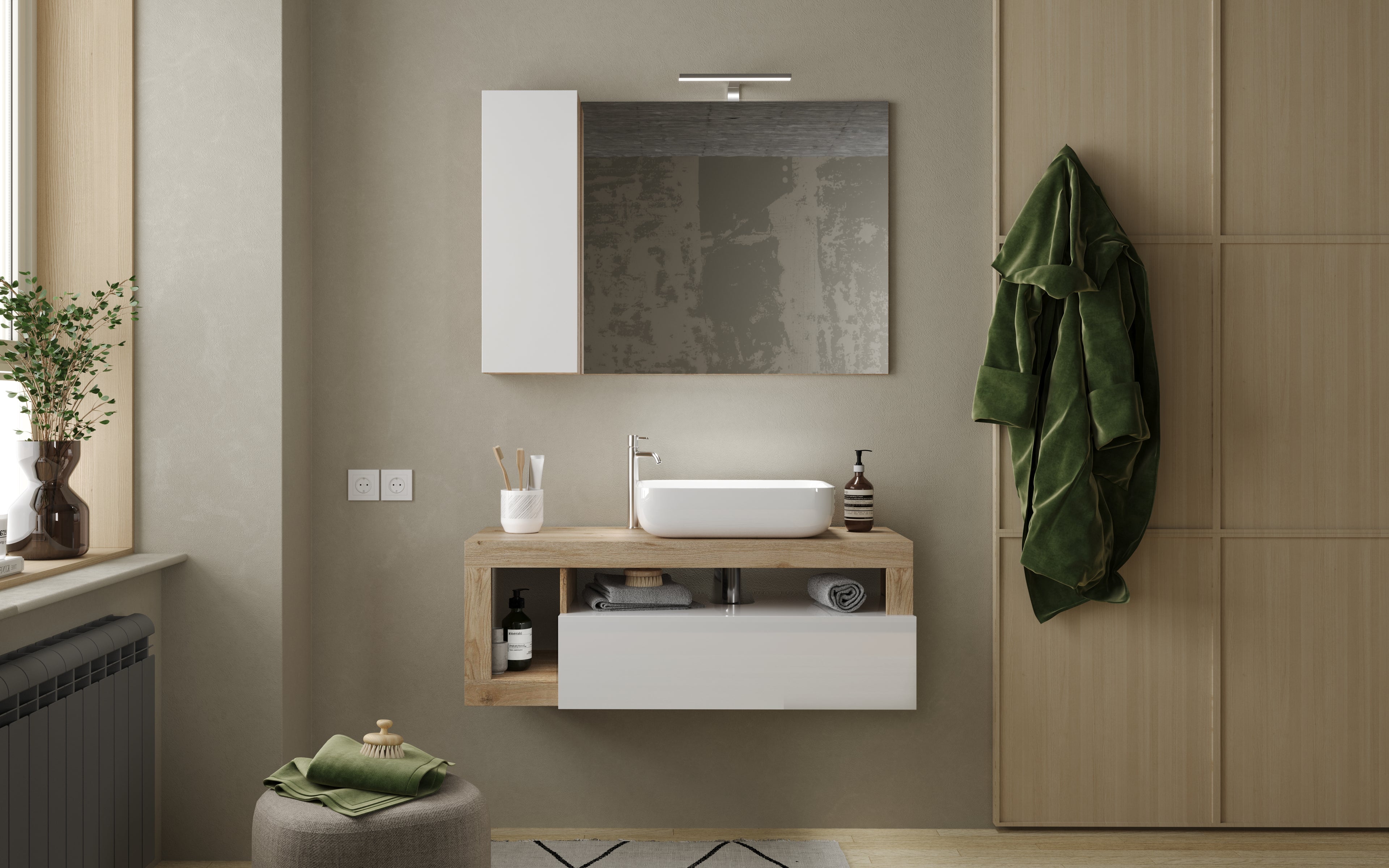 BARCELONA Mobile da Bagno con Lavabo in Ceramica, Sospeso, Larghezza 110 cm con Specchiera con Colonna 1 Anta e Luce LED