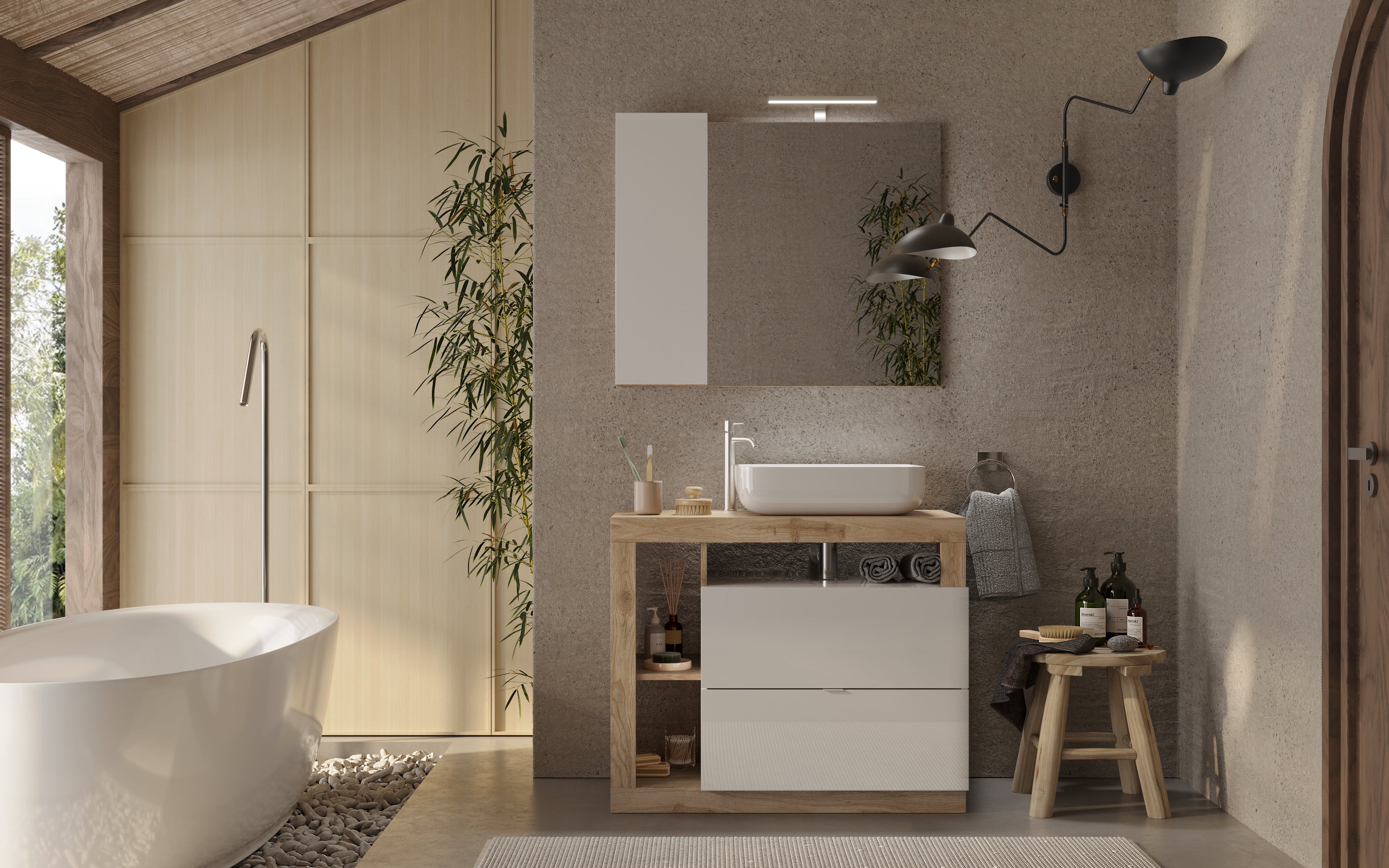 BARCELONA Mobile da Bagno con Lavabo in Ceramica, a Terra, Larghezza 92 cm Specchiera con Colonna 1 Anta e Luce LED