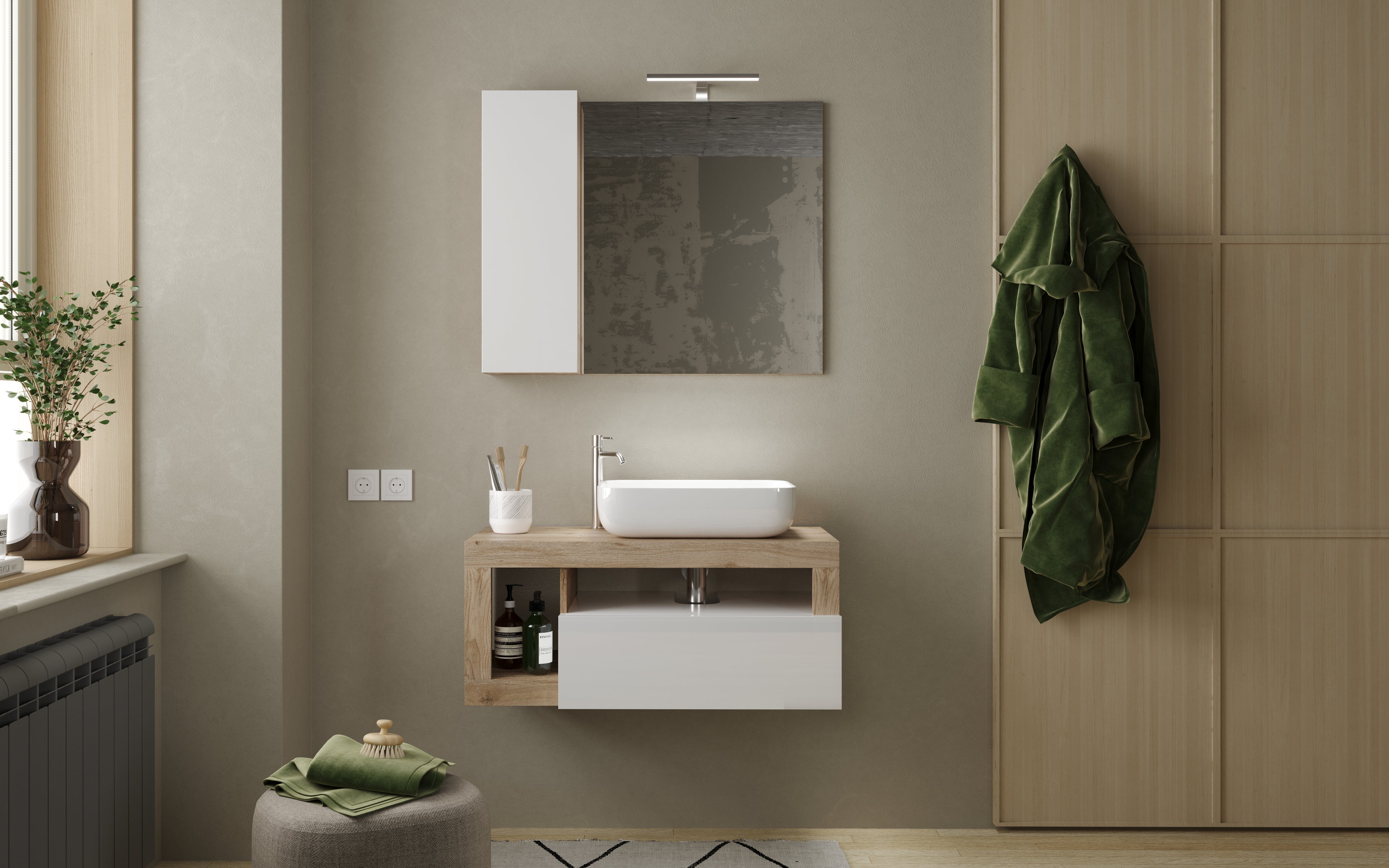 BARCELONA Mobile Bagno con Lavabo in Ceramica, Sospeso, Larghezza 92cm con Specchiera con Colonna 1 Anta e Luce LED