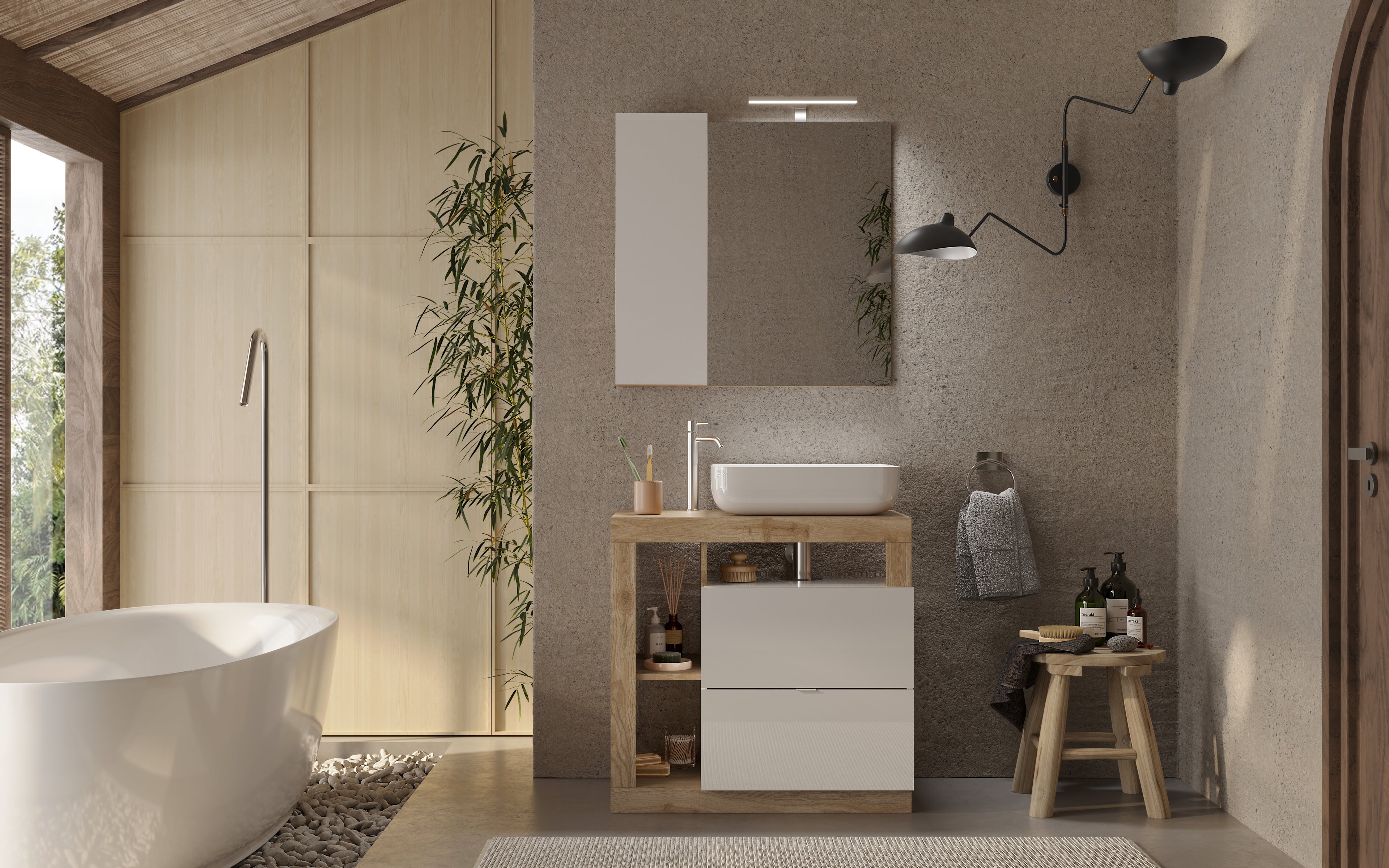 BARCELONA Mobile da Bagno con Lavabo in Ceramica, a Terra, Larghezza 78 cm Specchiera con Colonna 1 Anta e Luce LED