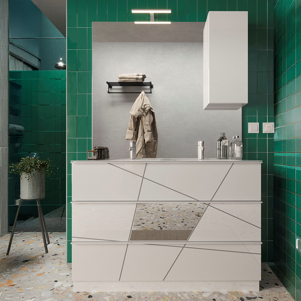 BERLIN 2.1 Specchiera Bagno con Colonna 1 Anta e LED 100 cm Bianco Lucido