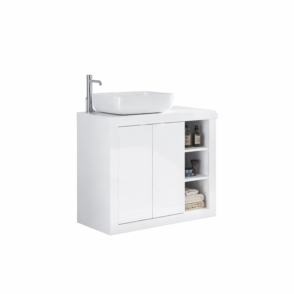 Mobile Bagno a Terra 2 Ante - Lavabo ad Appoggio MADRID 92 cm Bianco Lucido