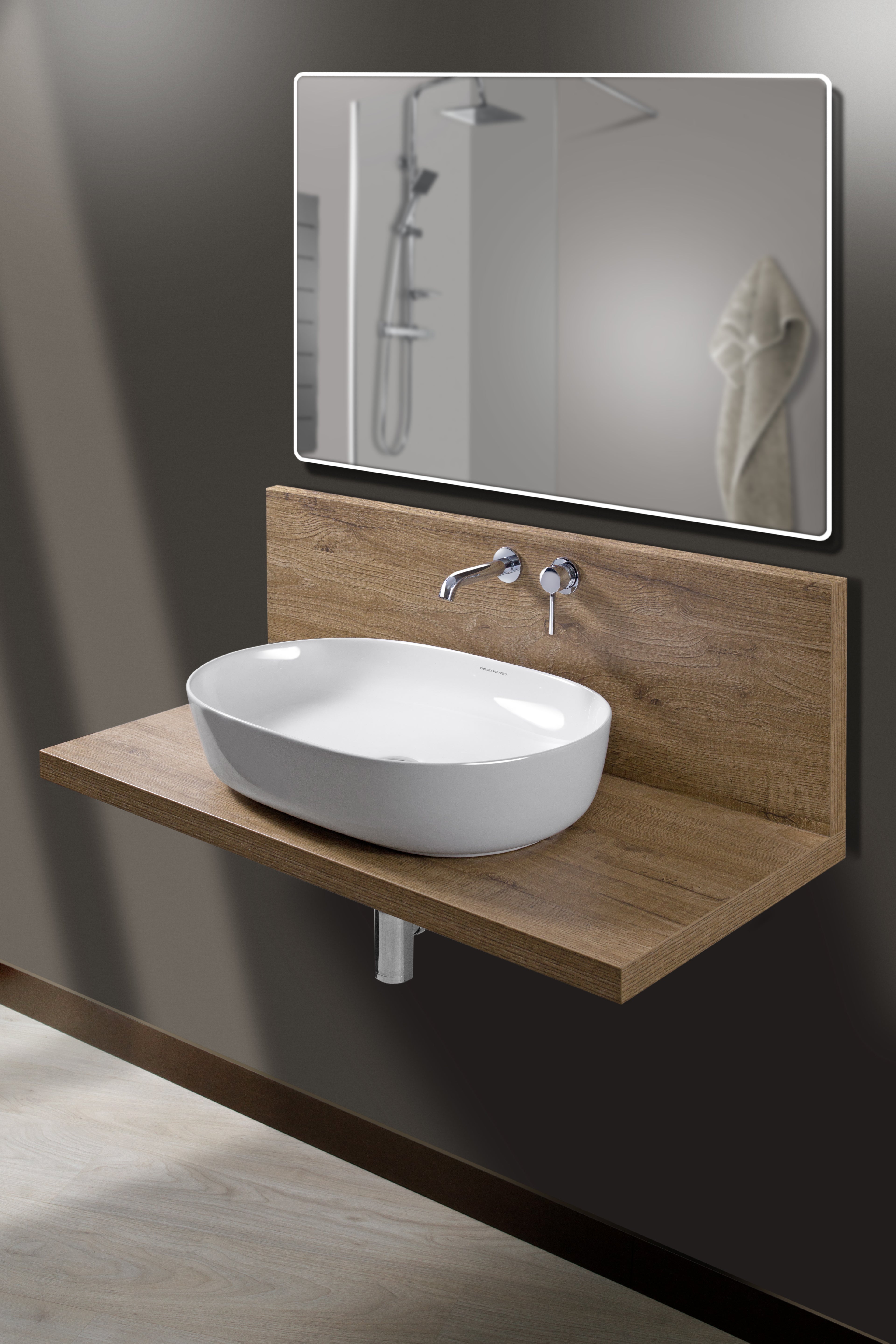 Top Ed Alzata con Miscelatore Lavabo Incasso Rovere 90 cm Rovere / Cromato