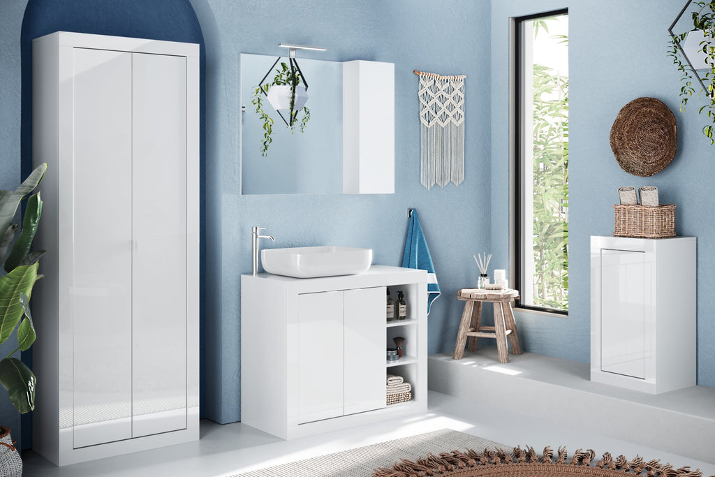 Mobile Bagno a Terra 2 Ante - Lavabo ad Appoggio MADRID 92 cm Bianco Lucido