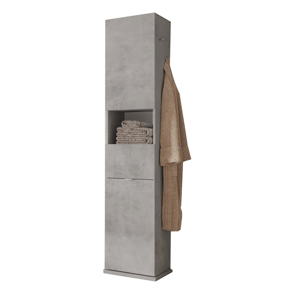 BARCELONA Colonna Girevole - con Specchio - 1 Anta - 2 Ganci in Metallo 45 cm Cemento / Bianco Lucido