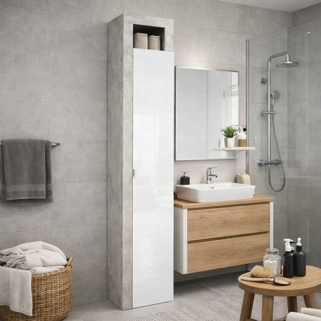 BARCELONA Mobile a 1 Anta - 5 Ripiani 35 cm Cemento / Bianco Lucido