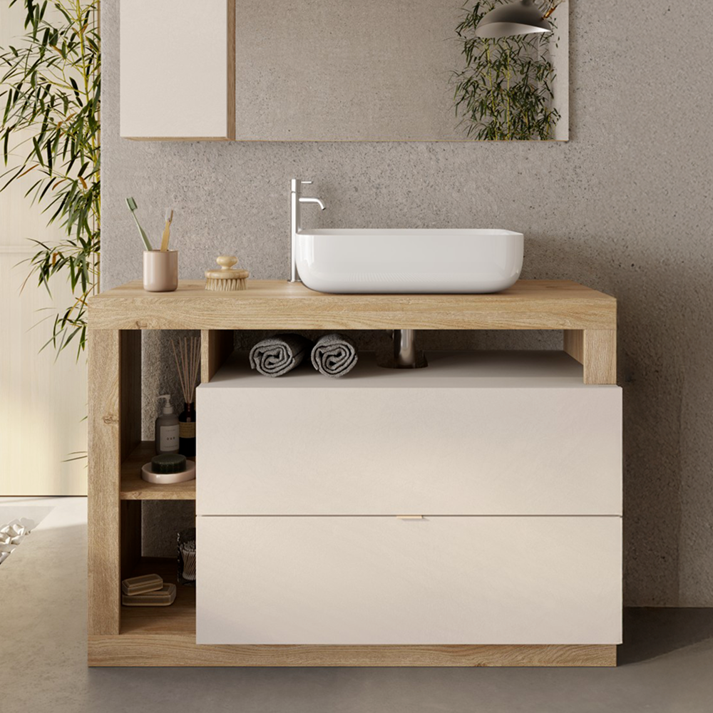 BARCELONA Mobile Bagno a Terra 2 Cassetti con Specchiera con Colonna 1 Anta e Luce LED Cashmere / Mercure