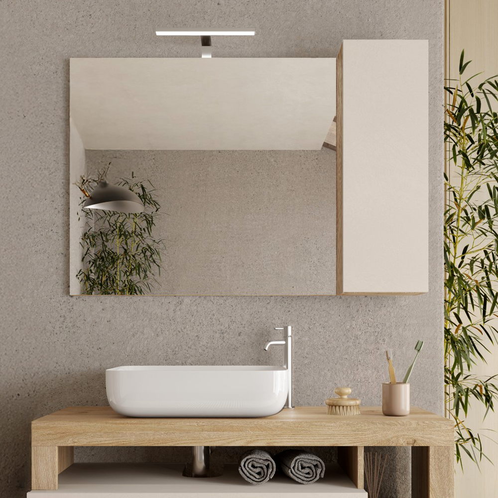 BARCELONA Mobile Bagno a Terra 2 Cassetti con Specchiera con Colonna 1 Anta e Luce LED Cashmere / Mercure