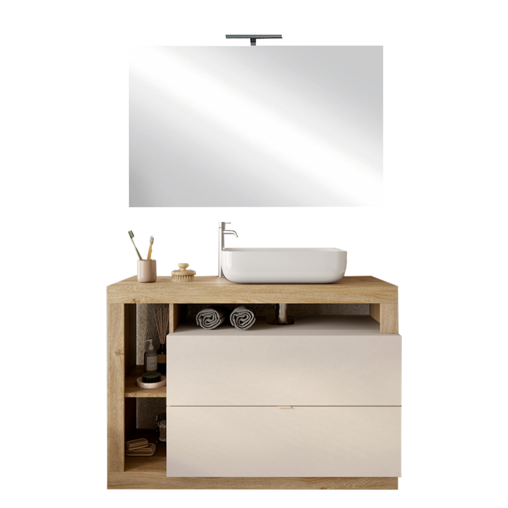 BARCELONA Mobile Bagno a Terra 2 Cassetti con Specchiera con Luce LED Cashmere / Mercure