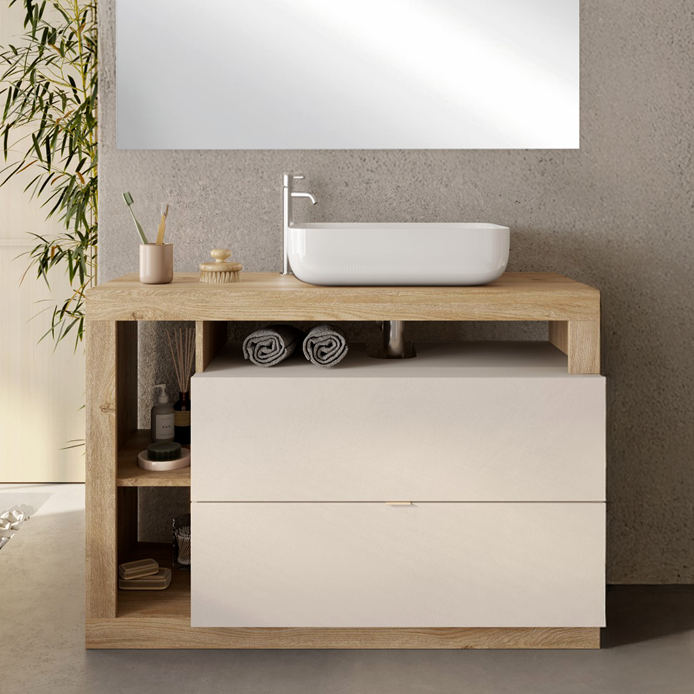 BARCELONA Mobile Bagno a Terra 2 Cassetti con Specchiera con Luce LED Cashmere / Mercure