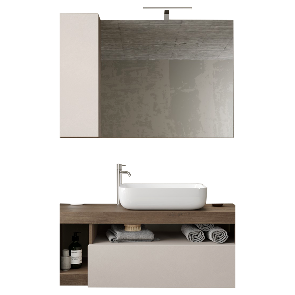 BARCELONA Mobile Bagno Sospeso 1 Cassetto con Specchiera con Colonna 1 Anta e Luce LED Cashmere / Mercure