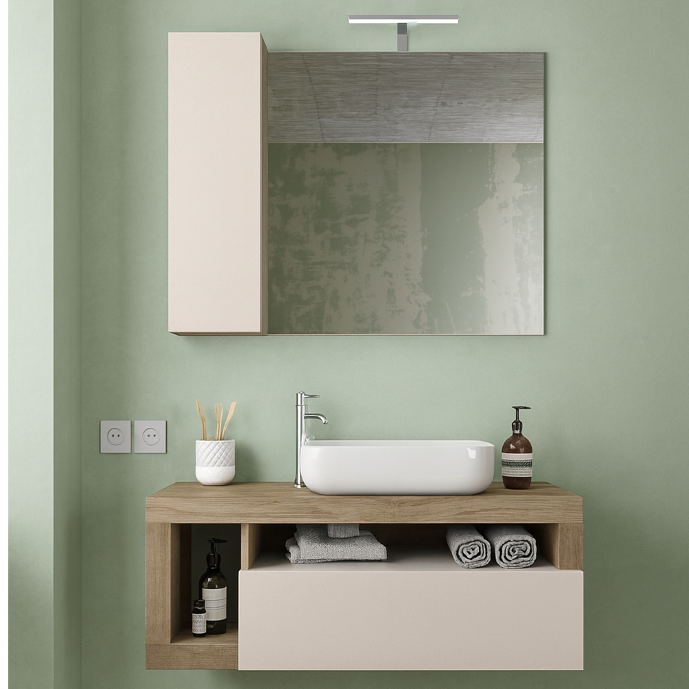 BARCELONA Mobile Bagno Sospeso 1 Cassetto con Specchiera con Colonna 1 Anta e Luce LED Cashmere / Mercure