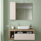 BARCELONA Mobile Bagno Sospeso 1 Cassetto con Specchiera con Colonna 1 Anta e Luce LED Cashmere / Mercure