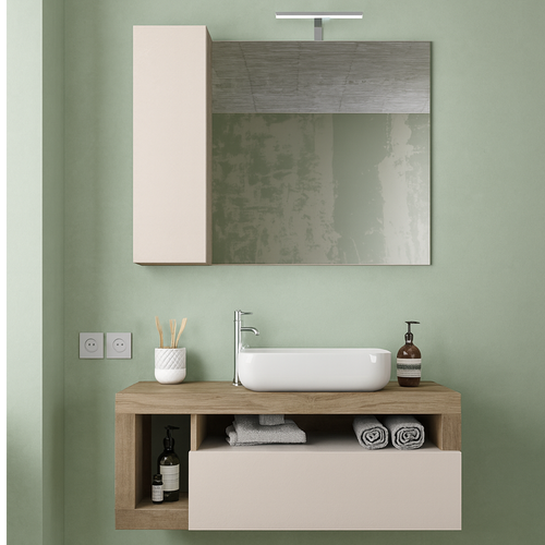 BARCELONA Mobile Bagno Sospeso 1 Cassetto con Specchiera con Colonna 1 Anta e Luce LED Cashmere / Mercure