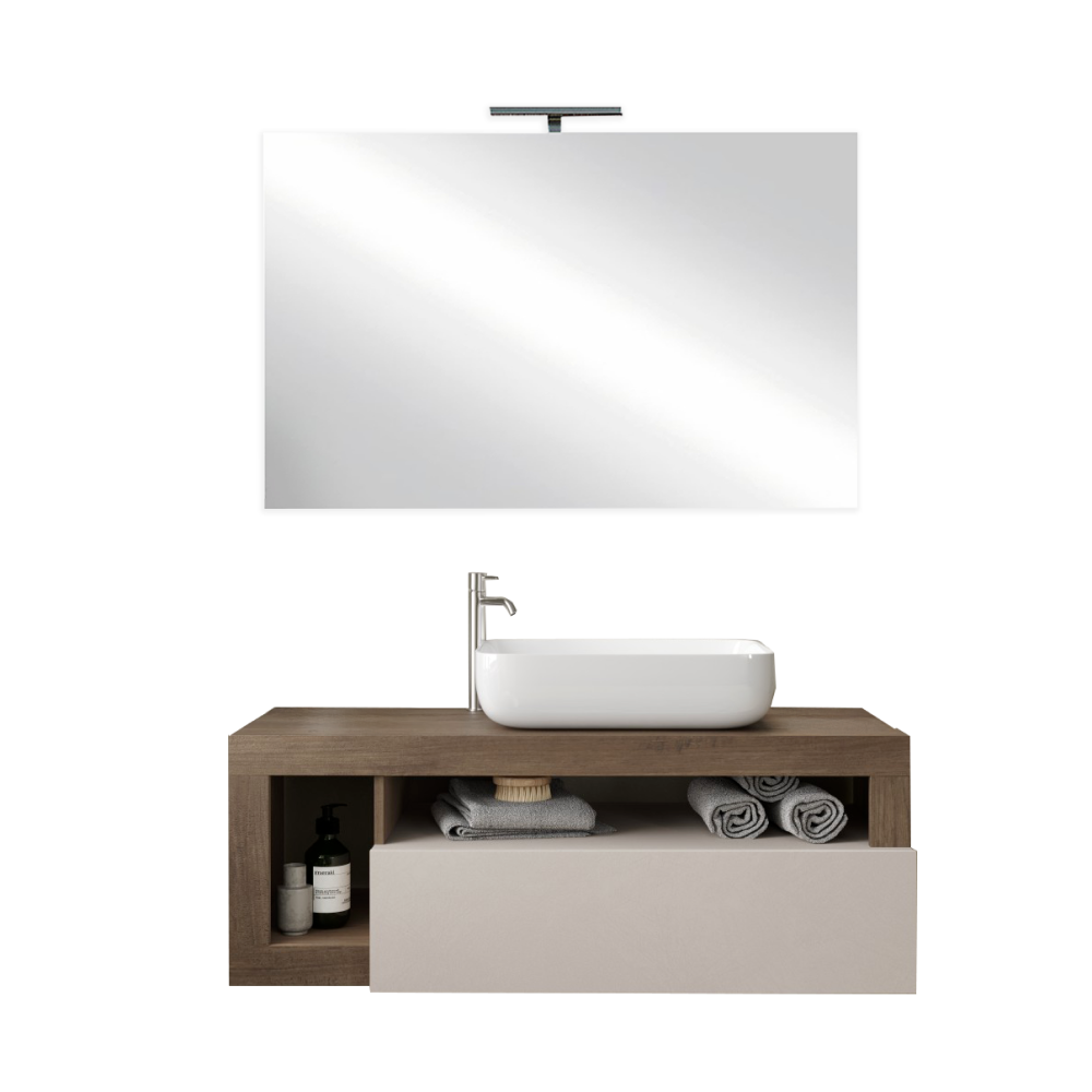 BARCELONA Mobile Bagno Sospeso 1 Cassetto con Specchiera con Luce LED Cashmere / Mercure