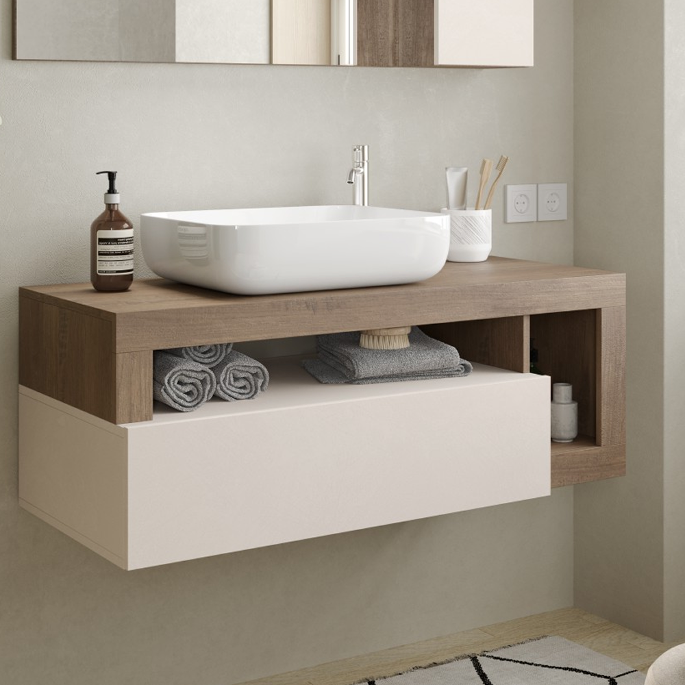 BARCELONA Mobile Bagno Sospeso 1 Cassetto con Specchiera con Luce LED Cashmere / Mercure