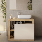 BARCELONA Mobile Bagno a Terra 2 Cassetti con Specchiera con Colonna 1 Anta e Luce LED Cashmere / Mercure