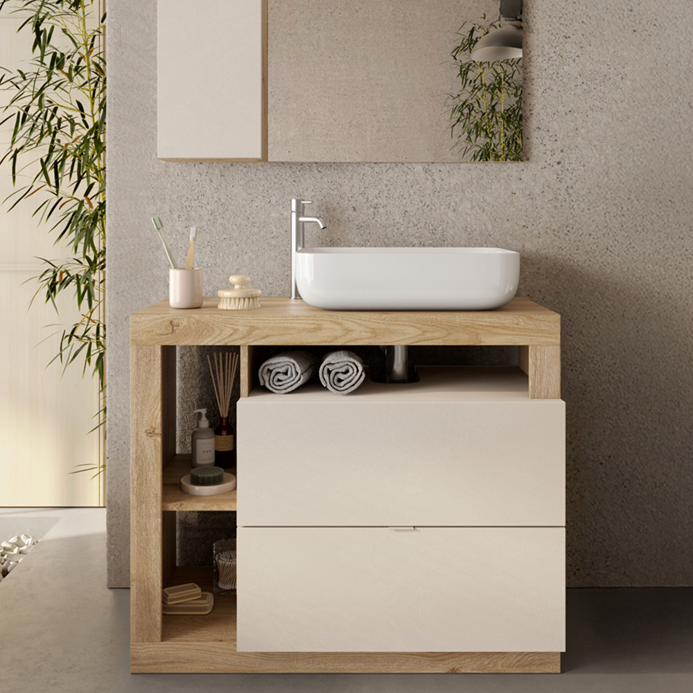 BARCELONA Mobile Bagno a Terra 2 Cassetti con Specchiera con Colonna 1 Anta e Luce LED Cashmere / Mercure