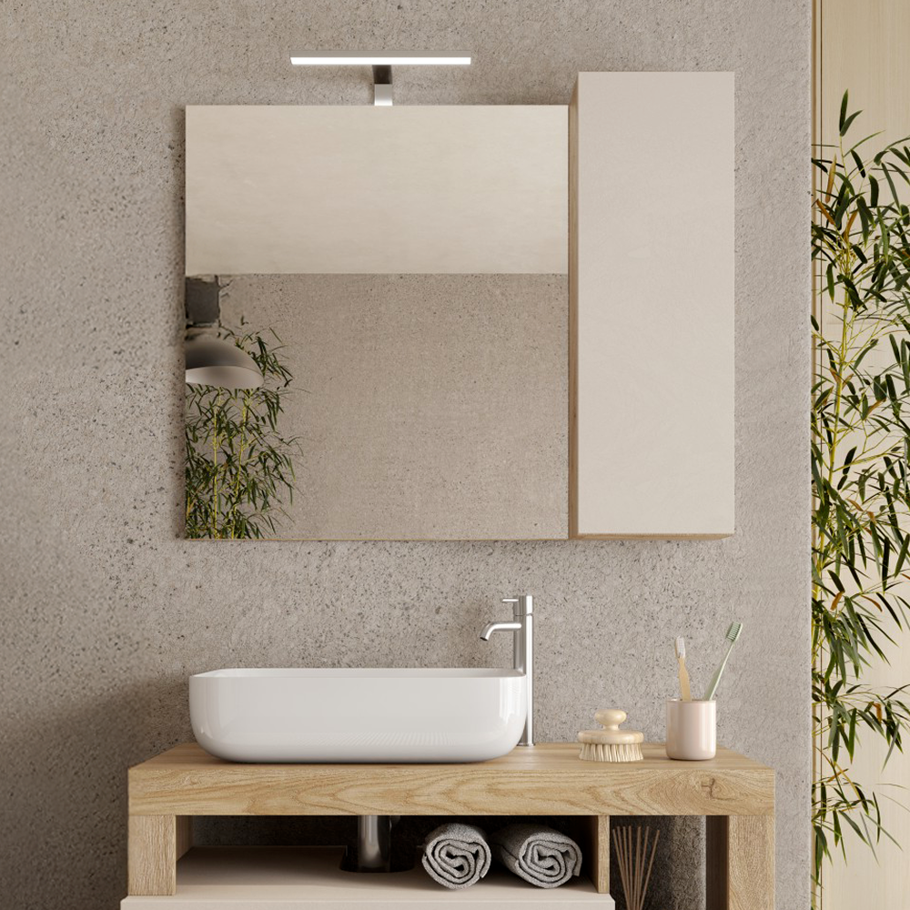 BARCELONA Mobile Bagno a Terra 2 Cassetti con Specchiera con Colonna 1 Anta e Luce LED Cashmere / Mercure