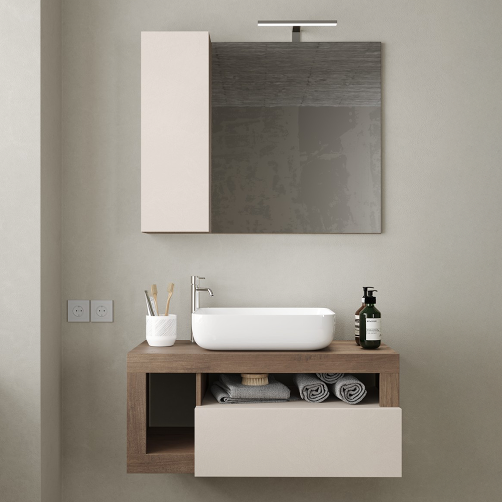 BARCELONA Mobile Bagno Sospeso 1 Cassetto con Specchiera con Colonna 1 Anta e Luce LED Cashmere / Mercure