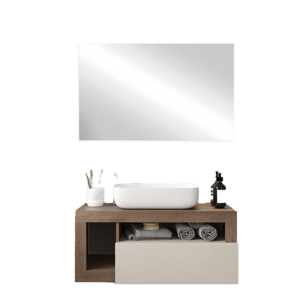 BARCELONA Mobile Bagno Sospeso 1 Cassetto con Specchiera "quadrata" - Retroilluminata Cashmere / Mercure