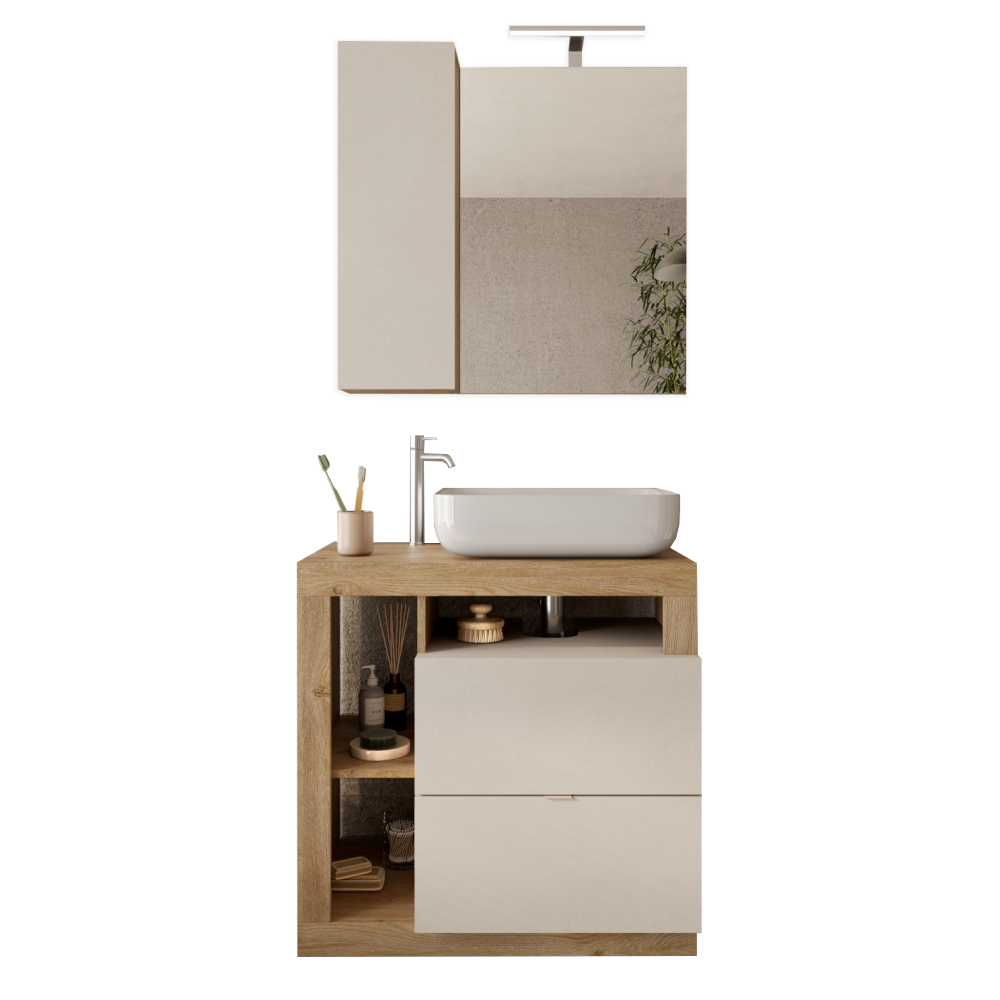 BARCELONA Mobile Bagno a Terra 2 Cassetti con Specchiera con Colonna 1 Anta e Luce LED Cashmere / Mercure