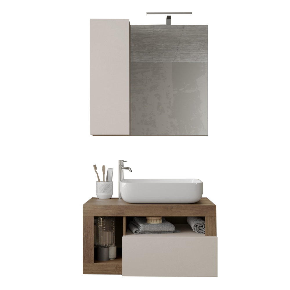 BARCELONA Mobile Bagno Sospeso 1 Cassetto con Specchiera con Colonna 1 Anta e Luce LED Cashmere / Mercure