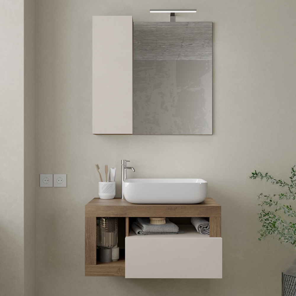 BARCELONA Mobile Bagno Sospeso 1 Cassetto con Specchiera con Colonna 1 Anta e Luce LED Cashmere / Mercure