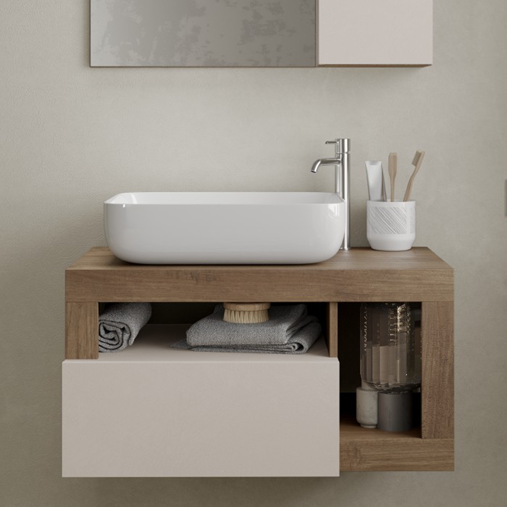 BARCELONA Mobile Bagno Sospeso 1 Cassetto con Specchiera con Colonna 1 Anta e Luce LED Cashmere / Mercure