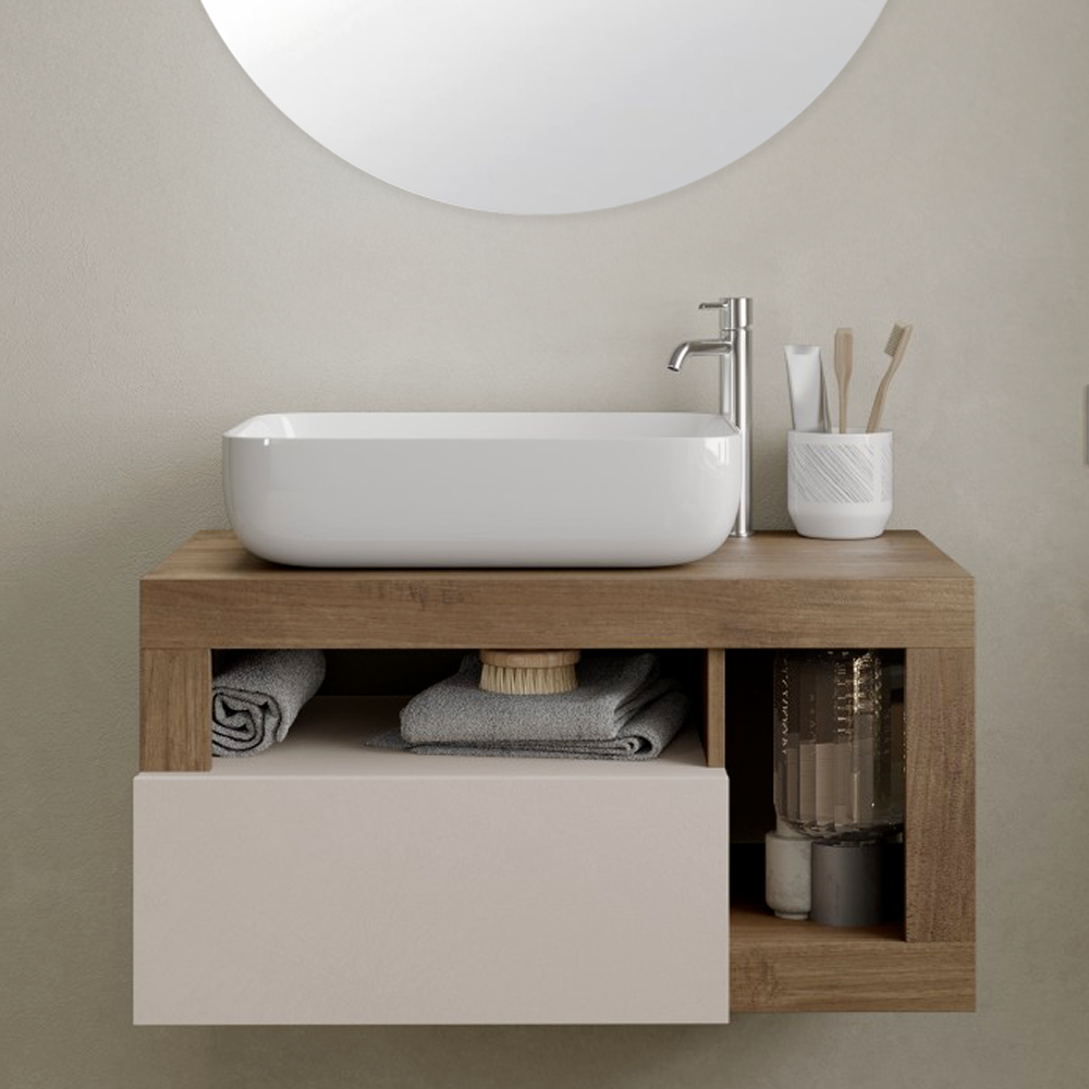 BARCELONA Mobile Bagno Sospeso 1 Cassetto con Specchiera "orb" - Retroilluminata Cashmere / Mercure